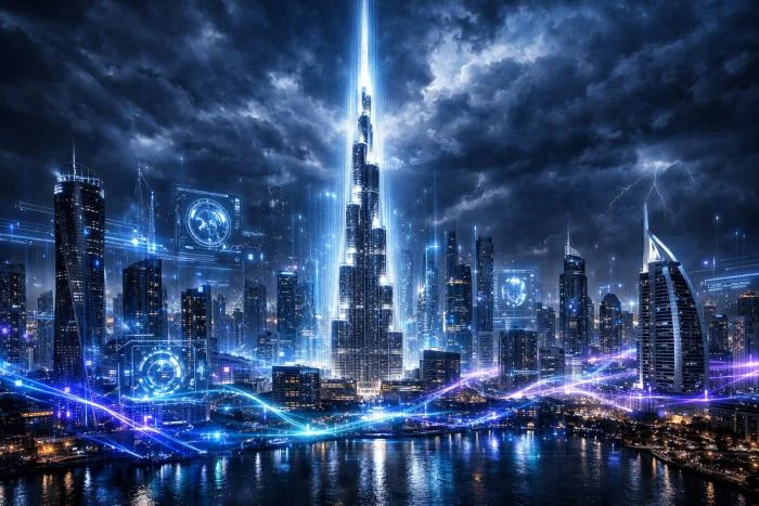 Futuristic city skyline illuminated by a network of blue light.