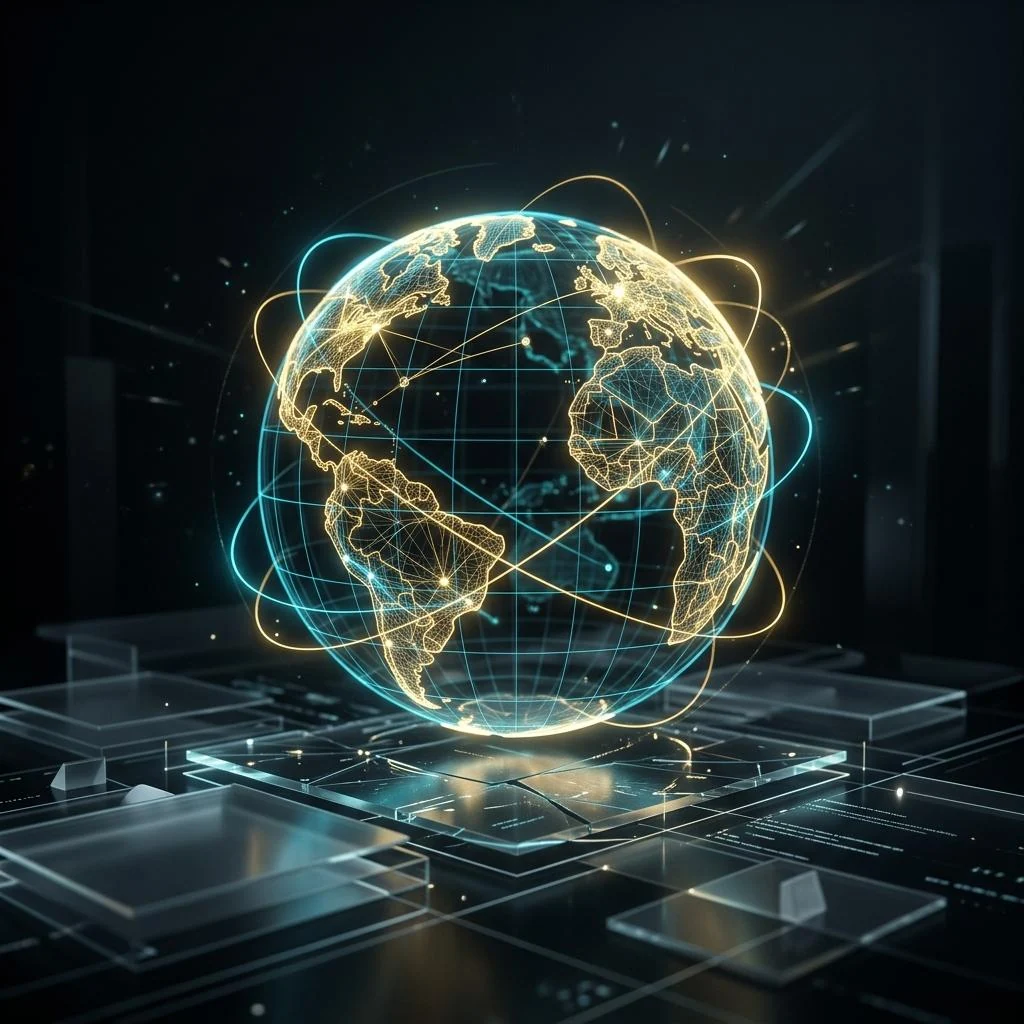 Illustrative digital globe traced with blue and gold network lines.